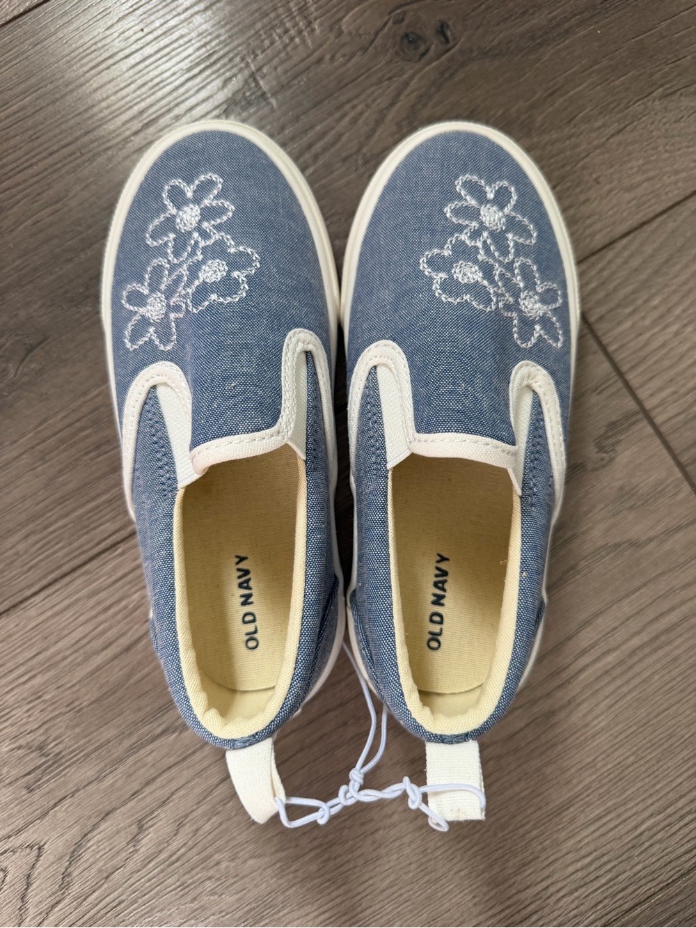 Old Navy Blue Canvas Slip-On Sneakers with White Floral Embroidery